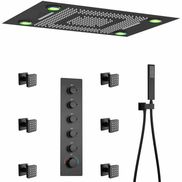 Matte Black Large Rain Shower System Thermostatic Mixing Valve