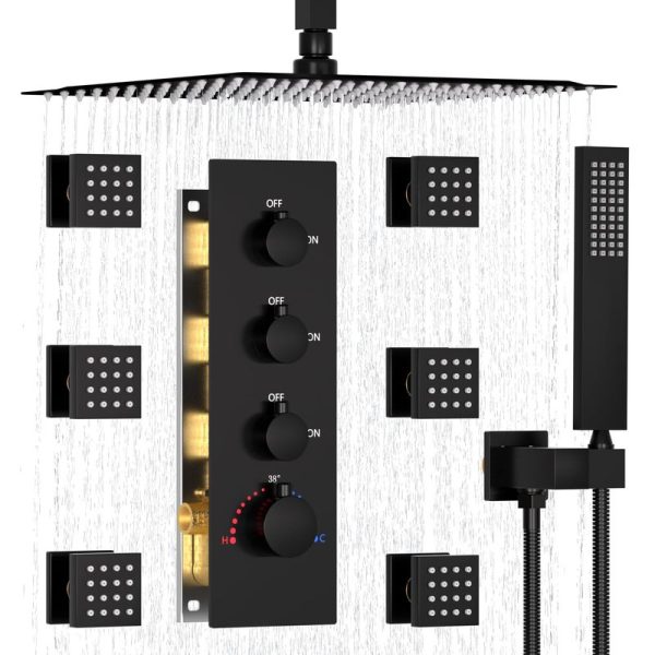 Matte Black Shower System with Thermostat Massage High Pressure Shower Jet System Brass Rainfall Shower Set