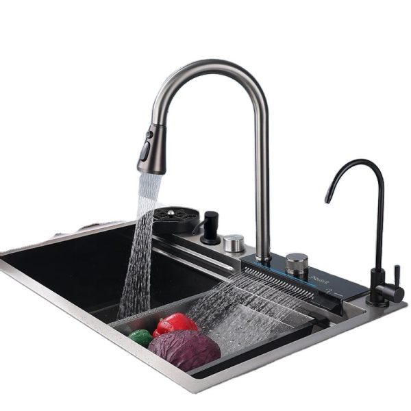 Modern 304 Stainless Steel Single Bowl Kitchen Sink with LED Digital Display Faucet Countertop Multifunctional Kitchen Sink