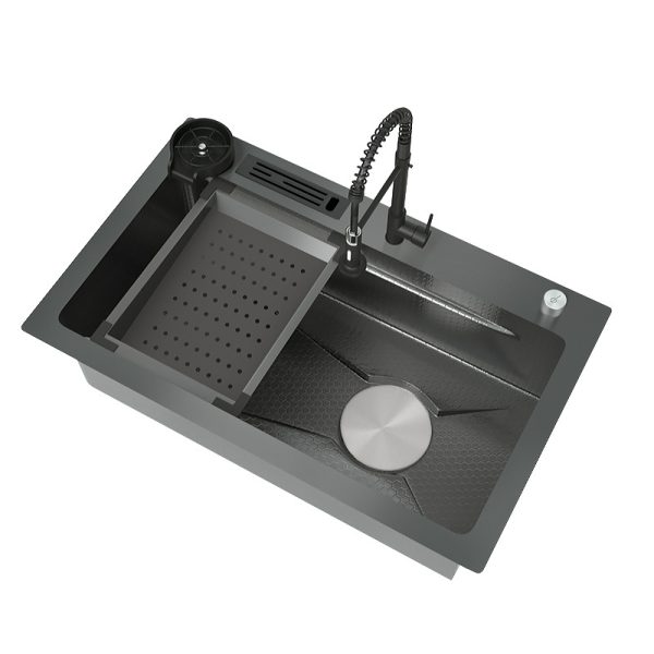 Modern Black Kitchen Nano Honeycomb Stainless Steel Sink with Waterfall Spring Faucet for Undercounter Kitchen