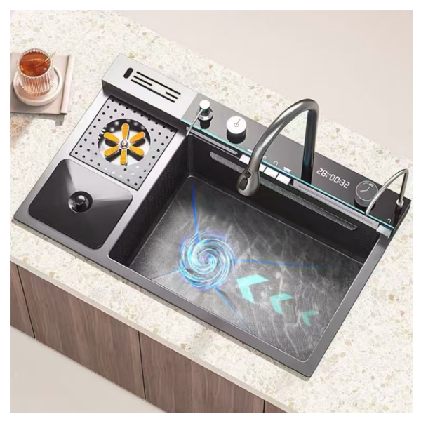 Modern Black Nano Stainless Steel Smart Kitchen Faucet Double Waterfall Multifunctional Single Bowl Three-Hole Design for