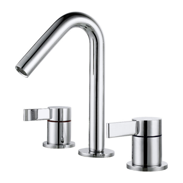 Grifo de baño de diseño moderno con tres orificios y caño cascada de latón para lavabo de cubierta, cartucho cerámico para gimnasio, acabado en níquel cepillado.