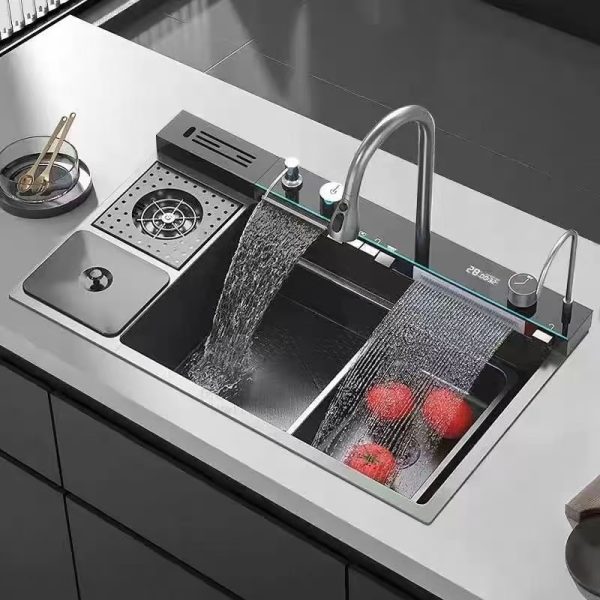 Kitchen Knife Holder with Waterfall Faucet Black Nano Garbage Storage 304 Stainless Steel