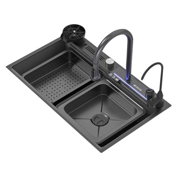 Modern Household Kitchen Sink Kitchen Vegetable Washing Basin 304 Stainless Steel Waterfall Large Double Bowls Sink Kit