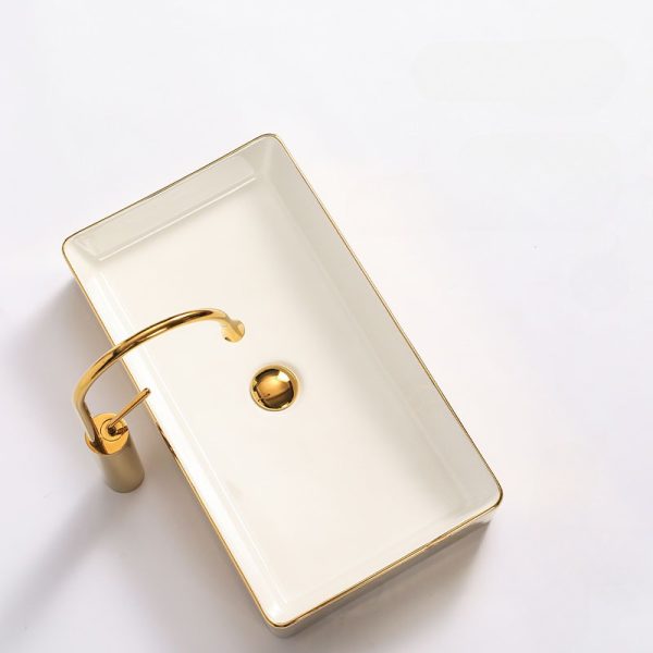 Modern Luxury Above Counter Hand Wash Basin Plated Rectangular Ceramic Gold Color Bathroom Sinks
