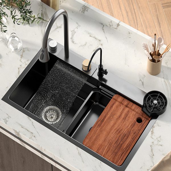 Modern Luxury Single-Bowl Waterfall Faucet Sink Set Stainless Steel Square Black Undermount Smart Multifunction Kitchen Sink
