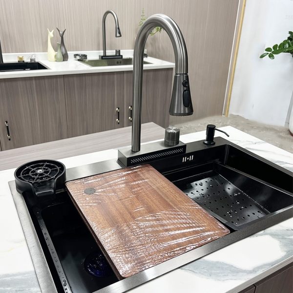 Modern Single Bowl Rectangular Kitchen Sink with Faucet Stainless Steel Handmade Rainfall Nano Sink Farmhouse