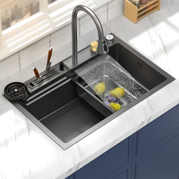 Modern Smart 304 Stainless Steel Outdoor Kitchen Sink Multifunction Waterfall Faucet Nano Knife Holder Cup Three