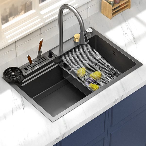 Modern Smart 304 Stainless Steel Outdoor Kitchen Sink Multifunction Waterfall Faucet Nano Knife Holder Cup Three