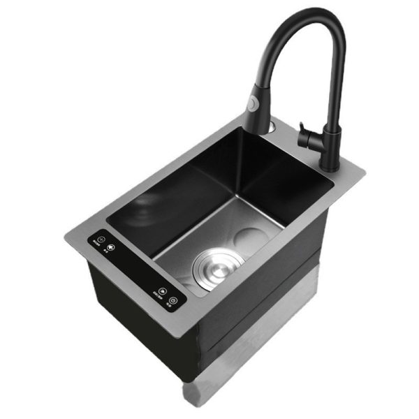 Modern Smart Mini Single Bowl Kitchen Sink 304 Stainless Steel Ultrasonic Black Undermount Square Shape with Two Holes