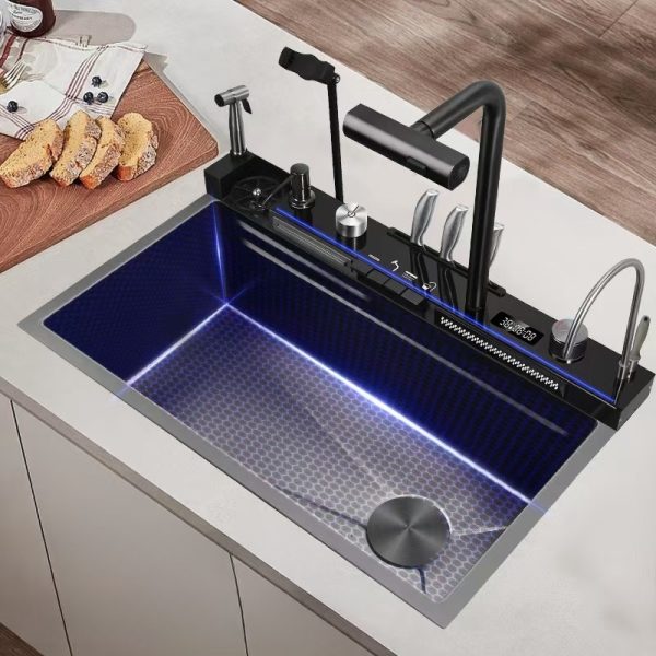 Kitchen Sink Handmade 304 Stainless Steel Digital Display Double Waterfall Square Shape Holes Four