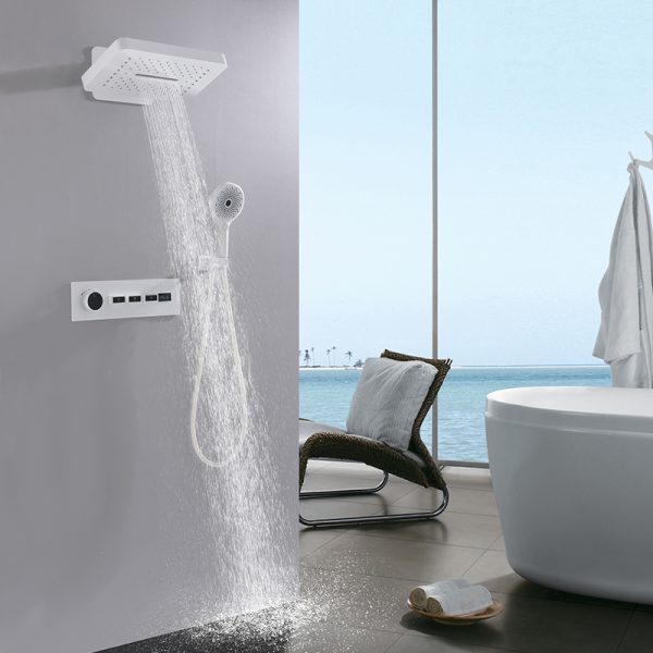 Modern White Brass Single-Handle Thermostatic Shower System Concealed Wall-Mount Faucets Combo Rain Mixer Bathroom Ceramic