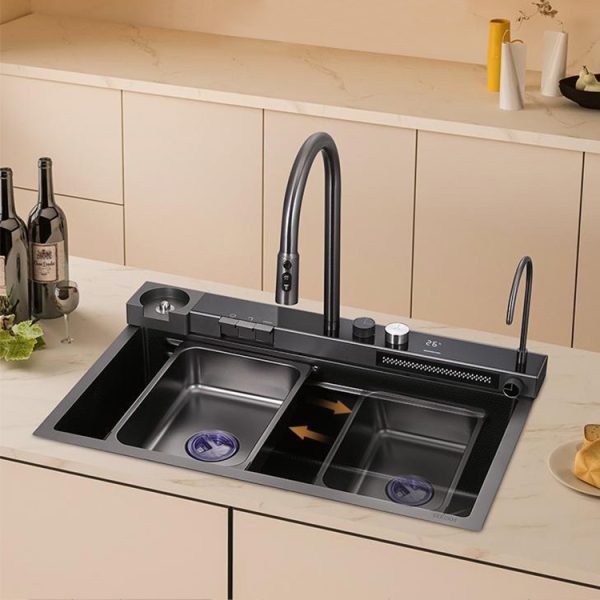 Most Popular 304 Handmade Stainless Steel Piano Key Multifunctional Nano Dark Grey Kitchen Sink With Waterfall Faucet