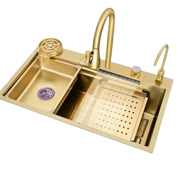 Multifunction Kitchen Sinks 304 Stainless Steel Kitchen Sink Faucet Modern Gold Waterfall Rainfall Single Bowl Kitchen Sink Set