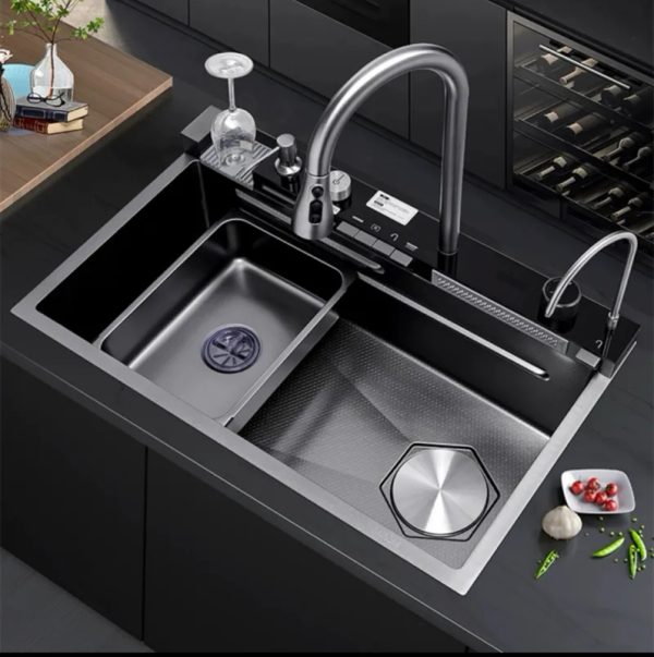 Multifunctional Nano Black Whale Waterfall Stainless Steel Kitchen Sink with Modern Pull Out Faucet