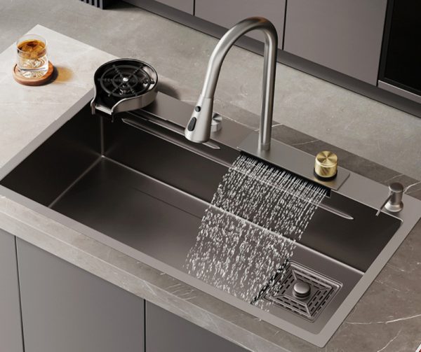 Nano Black 201 304 Stainless Steel Single Bowl Rainfall Hidden Kitchen Sink with Waterfall Faucet
