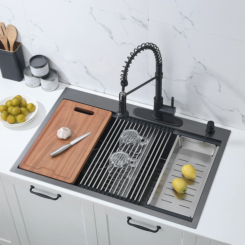 Nano Black Deep Double Bowl Stainless Steel Sink Topmount Workstation Kitchen Sink with Accessories Nano Black Deep Double Bowl Stainless Steel Nano Black Deep Double Bowl Stainless Steel Sink Topmount Workstation Kitchen Sink with Accessories