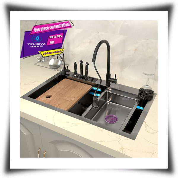 Black Honeycomb Nano Kitchen Sink with Waterfall Faucet for Farmhouse Kitchen