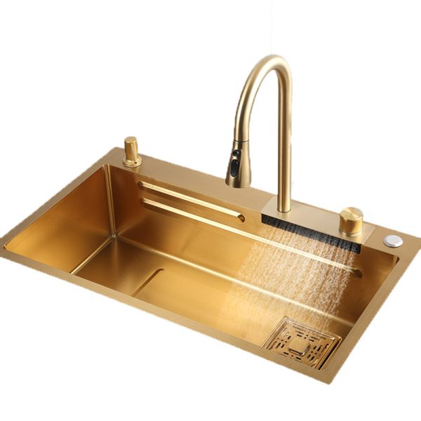 Gold Waterfall Rainfall Single Rectangular Bowl Kitchen Sink Set Counter Top Handmade Kitchen Sinks