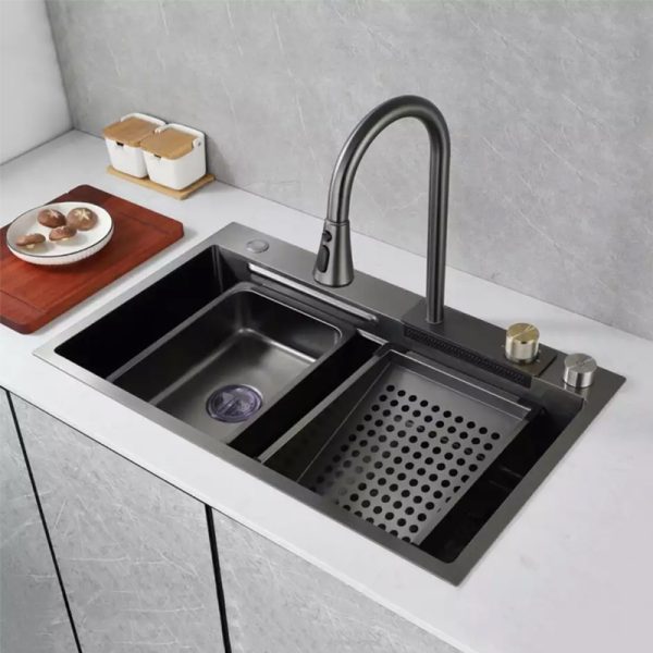 New Multifunctional with Glass Rinser Waterfall Stepped Stainless Steel Nano Single Bowl Kitchen Sink