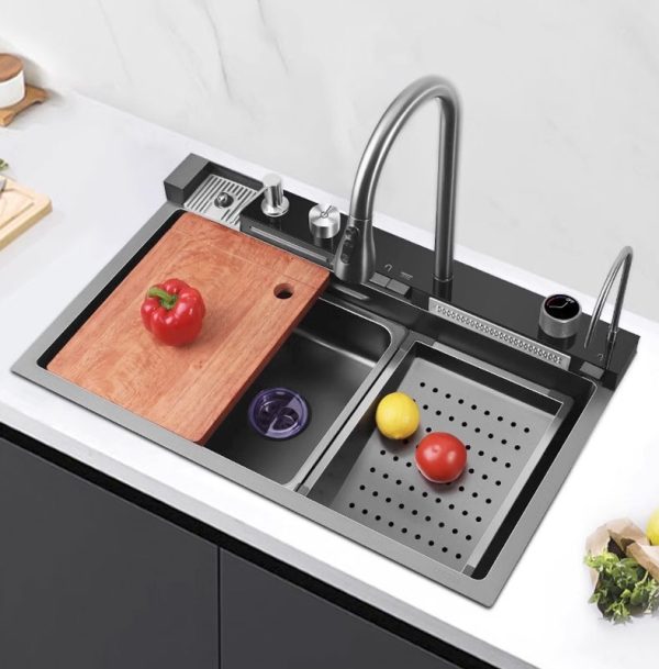 Kitchen Sink 304 Stainless Steel Piano Key Waterfall Faucet Kitchen Sink With Glass Rinser