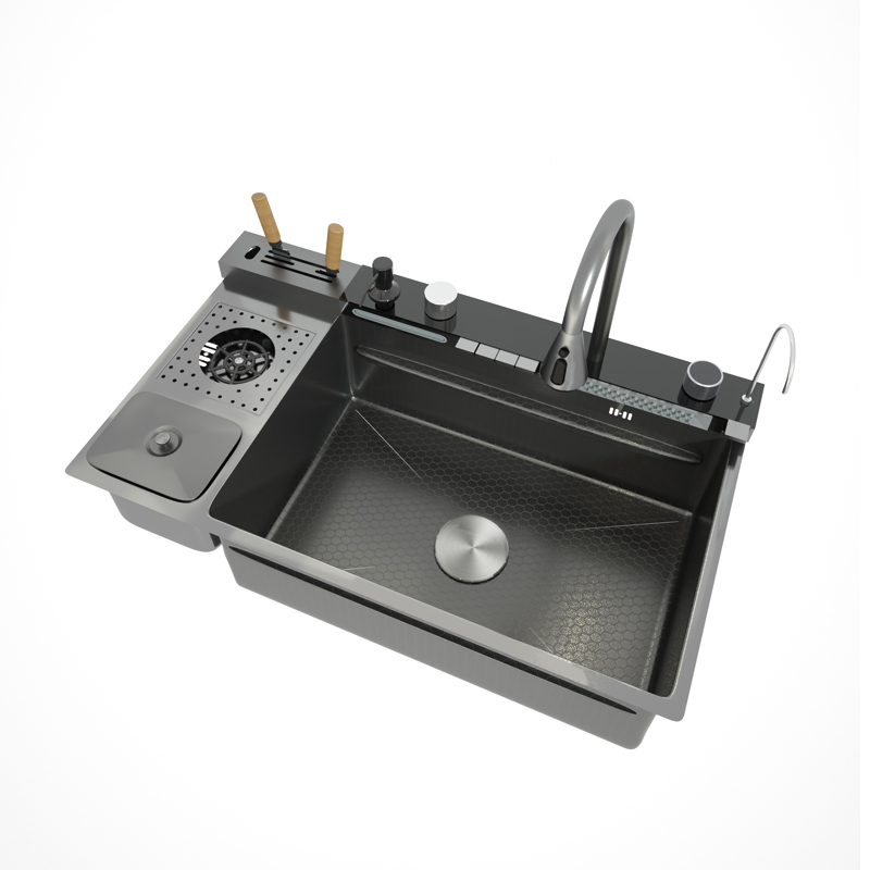 Smart Kitchen Nano Honeycomb Stainless Steel Sink with Waterfall Faucet for Hotel Undermount Kitchen New Trend Black Smart Kitchen Nano Honeycomb Smart Kitchen Nano Honeycomb Stainless Steel Sink with Waterfall Faucet for Hotel Undermount Kitchen