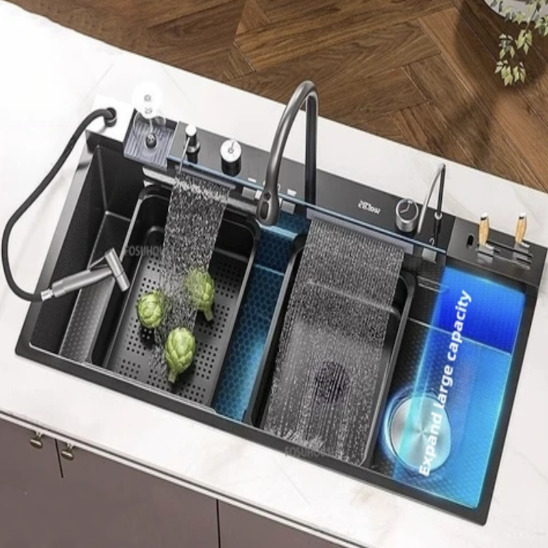 New Trending Multifunctional Black Kitchen Sink 304 Smart Stainless Steel Large Sink with for Hotel Kitchen New Trending Multifunctional Black Kitchen Sink New Trending Multifunctional Black Kitchen Sink 304 Smart Stainless Steel Large Sink with for Hotel Kitchen