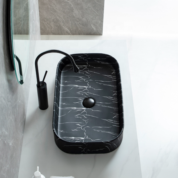 Newly Modern Ceramic Bathroom Basin Rectangular Matte Black Marble Above Countert Sinks for Hotel