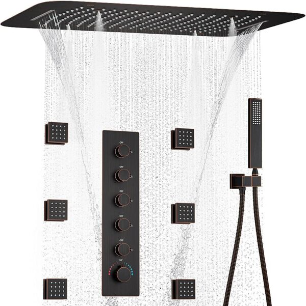 Rubbed Bronze Thermostatic Shower System Rainfall Waterfall Ceiling Rain Hand Showers Diverter Spout for Modern Bathrooms
