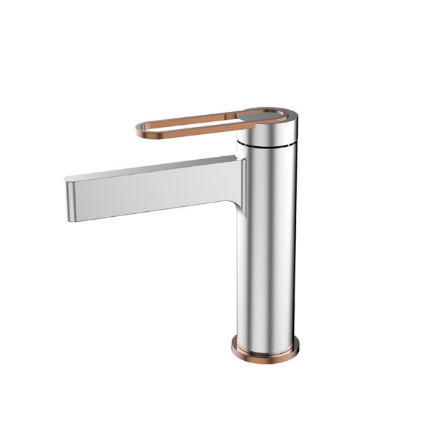 Polish Finished Deck Mounted Hand Wash Hot and Cold Water Brass Basin Faucet with Rose Golden Finished Handle