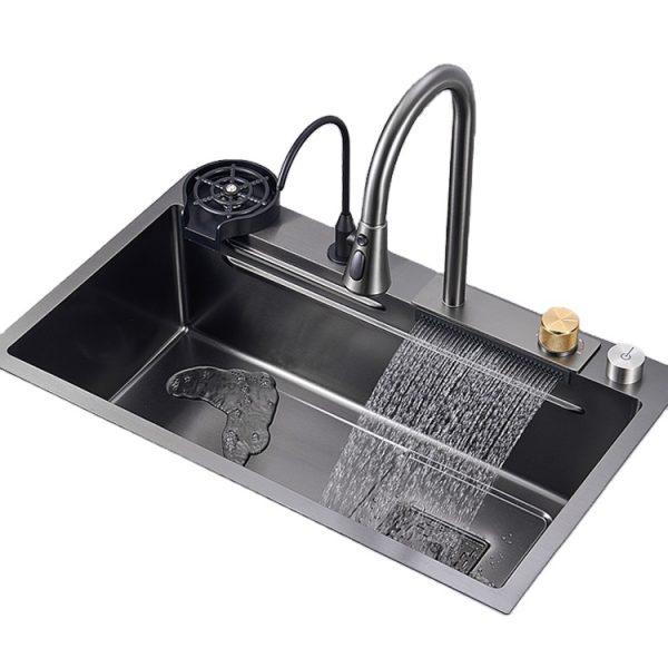 Stainless Steel Nano Step Sink Kitchen Multifunctional Kitchen Sinks Dark Grey Single Bowl Waterfall Kitchen Sinks
