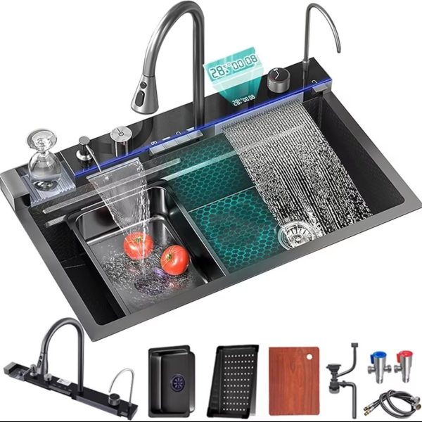 Premium 304 Stainless Steel Waterfall Kitchen Sink LED Digital Display Anti-Scratch Single Bowl