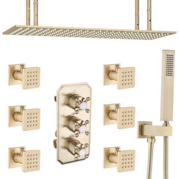 Rectangular 16X32 Inch Rain Shower System On/Off Body Jets with Handheld Brushed Gold Brass Material for Bathroom Application