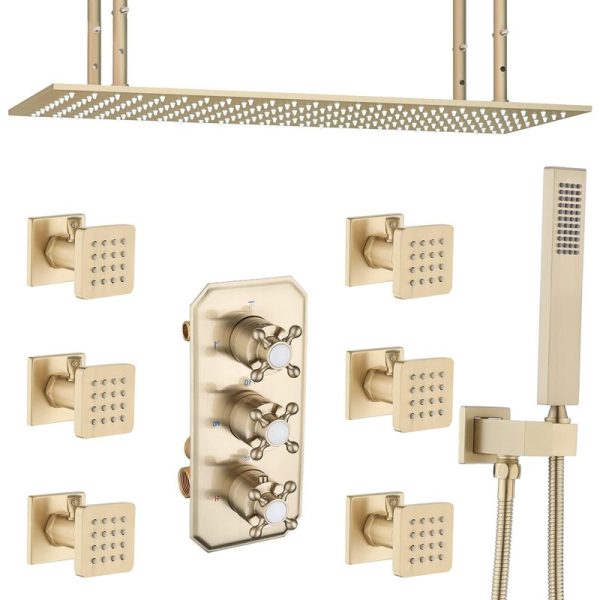 Rectangular 16X32 Inch Rain Shower System On/Off Body Jets with Handheld Brushed Gold Brass Material for Bathroom Application