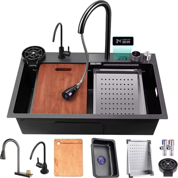 SUS 304 Nano Black Kitchen Sink Waterfall Multifunctional Handmade Sink Glass Rinser for Kitchen Sink