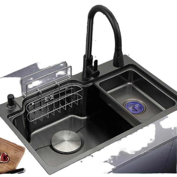Single Bowl Kitchen Sink Black Stainless Steel Nano Surface Treatment Undermount Installation Square Shape Two Faucet Included
