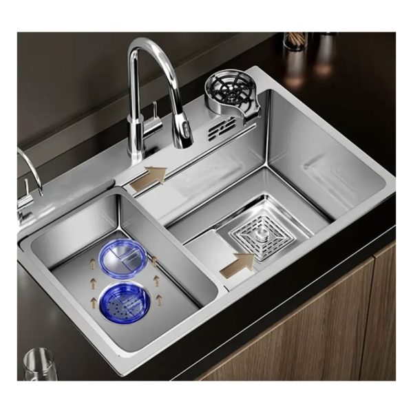 Single Bowl Square Kitchen Sink with Faucet Brushed Silver Stainless Steel Nano Finish Undermount Installation Included