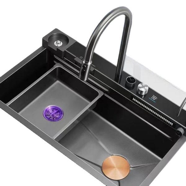 Single Bowl Stainless Steel Kitchen Sink Faucet with LED Digital Display Multifunctional Waterfall Faucet