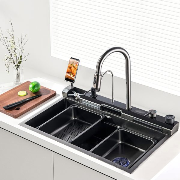 Smart 304 Stainless Steel Black Kitchen Sink With Digital Display Light Waterfall Faucet for Hotel Restaurant Kitchen Design