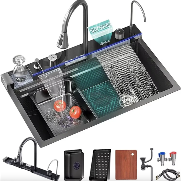 Smart 304 Stainless Steel Black LED Waterfall Kitchen Sink with Multifunction & Cup Washer