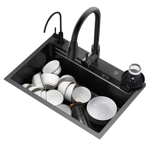 Stainless Steel 304/201 Intelligent  Waterfall Kitchen Sink Hight Quality Black Color with Cutting Board