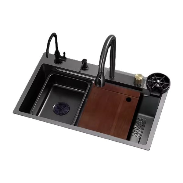 Stainless Steel Single Bowl Black  Basin Sink with Kitchen Waterfall Faucet Single Drainage Plug