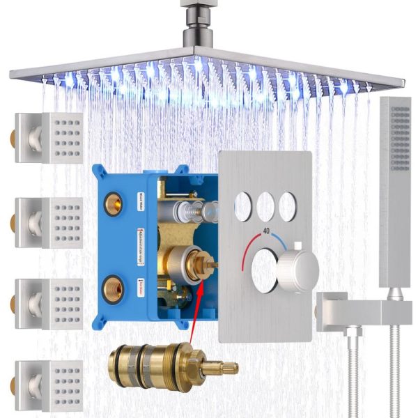 Thermostatic Shower Jets System Ceiling Mounted 12 Inch LED Rain Shower Head