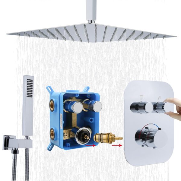 Thermostatic Shower System 16 Inch Ceiling Mount Shower System Bathroom  Luxury Handheld Rain Mixer Shower Set