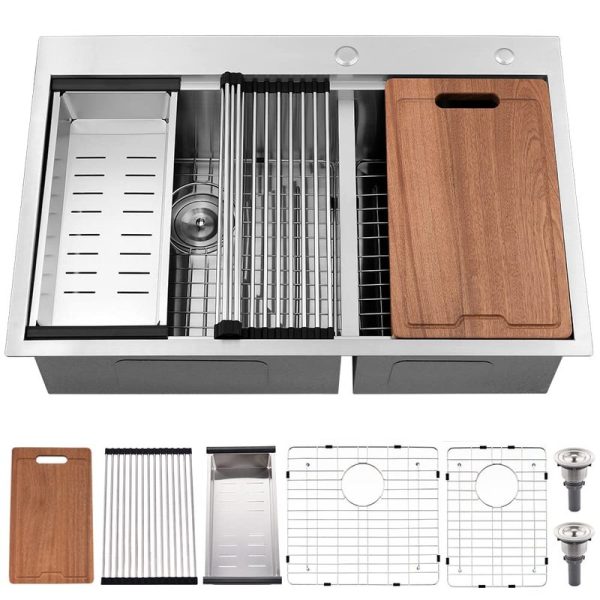Top Mount Kitchen Sink 16 Gauge Stainless Steel 60/40 Double Bowl Sink With WorkFlow Ledge