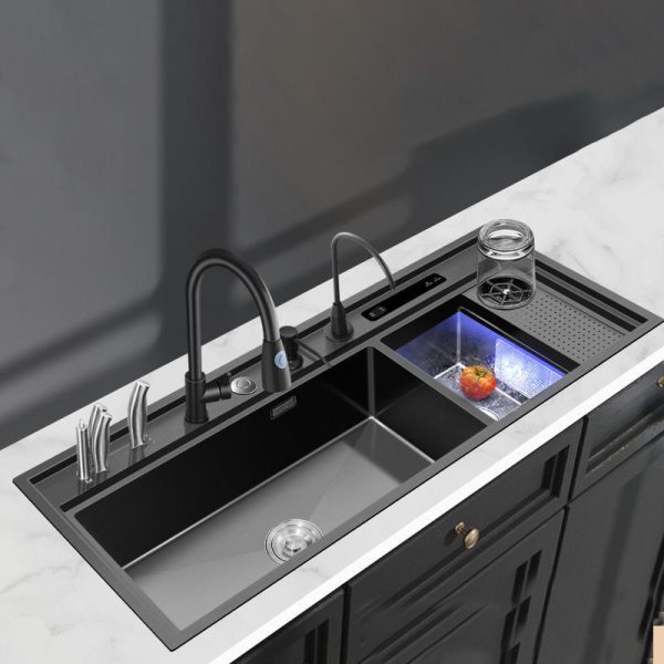Ultrasonic Smart 304 Stainless Steel Double Bowl Kitchen Sink Cup Washer & Square Bowl Multifunctional with Faucet Included