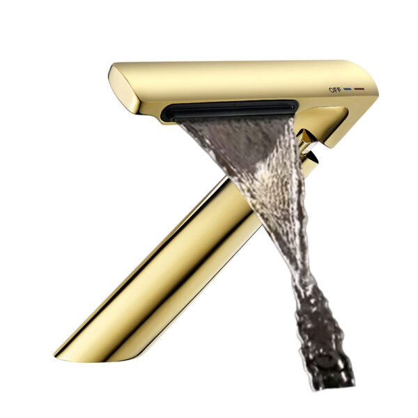 Grifo de baño de diseño único con 7 formas, suministro de agua fría y caliente, grifo de latón con acabado dorado cepillado y boquilla tipo cascada.