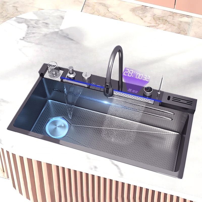 Stainless Steel Sink with Knife Rest and Waterfall Faucet for Hotel Kitchen Update Black Smart Digital Display Kitchen Honeycomb Stainless Steel Sink with Knife Rest and Waterfall Faucet for Hotel Kitchen