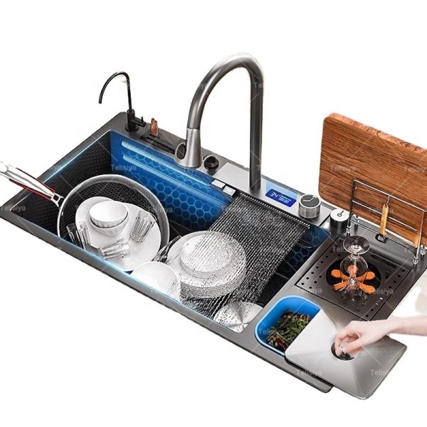 Kitchen Nano Stainless Steel Waterfall Sink with Pull-out Faucet and Kitchen Waste Bin for Hotel Kitchen