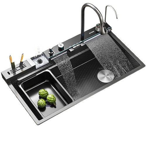 Smart Black Nano Honeycomb Stainless Steel Sink with Knife Holder Double Waterfall Faucet Suitable for Hotel Kitchen